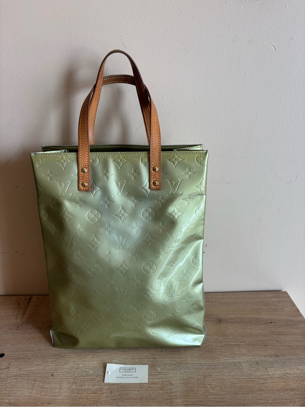 Louis Vuitton Light Green Vernis Patent Tote with Natural Leather Handles